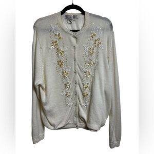 ViVien Forest Vintage Sequin Beaded Floral Full Button-Up Cream Cardigan XL